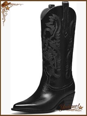 Glitter Embroidered Cowboy Boots Wide Calf Mid Calf Chunky Heel Pull On Pointy